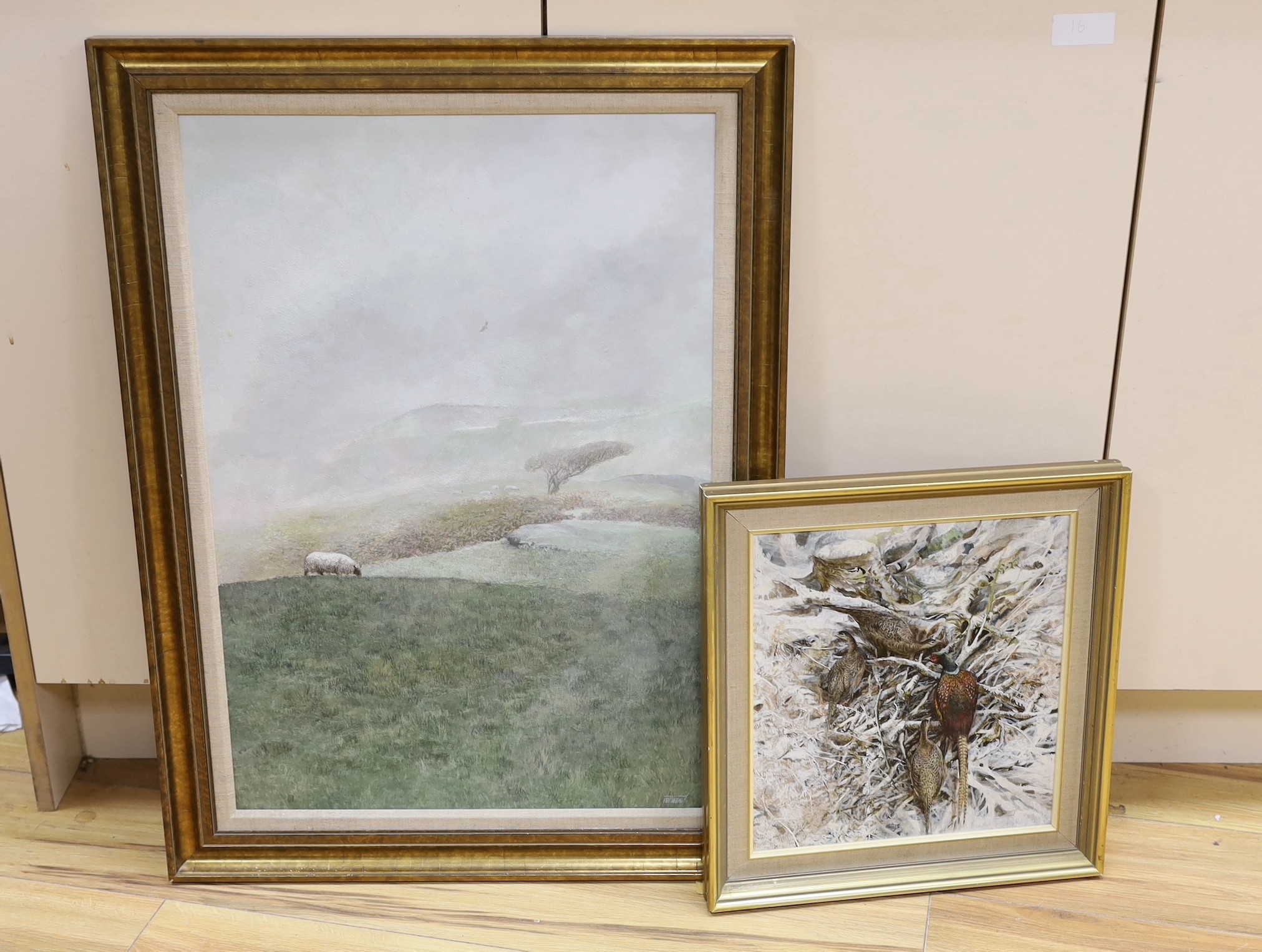 Ken Turner (b.1926), oil on board, view of Exmoor, signed, together with another Ken Turner, oil on board, winter study of game, signed, largest 64 x 44cm